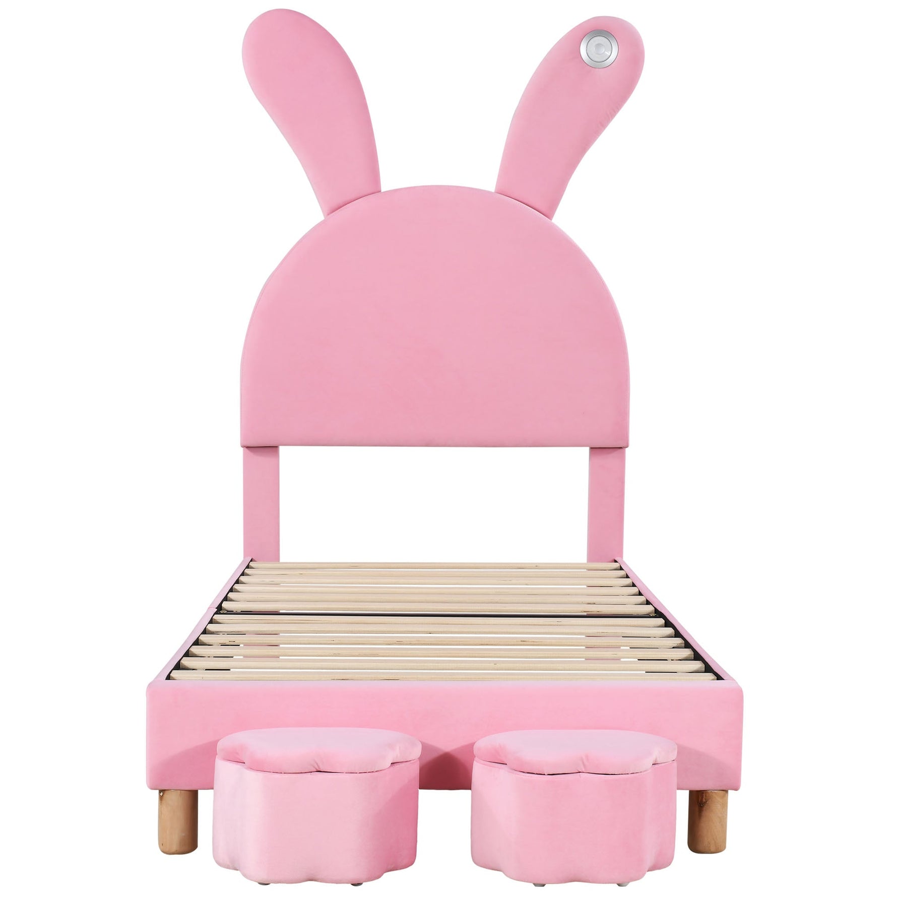Upholstered Bed with Storage Stools, LED Lighting and Bunny Ears, Pink French Velvet