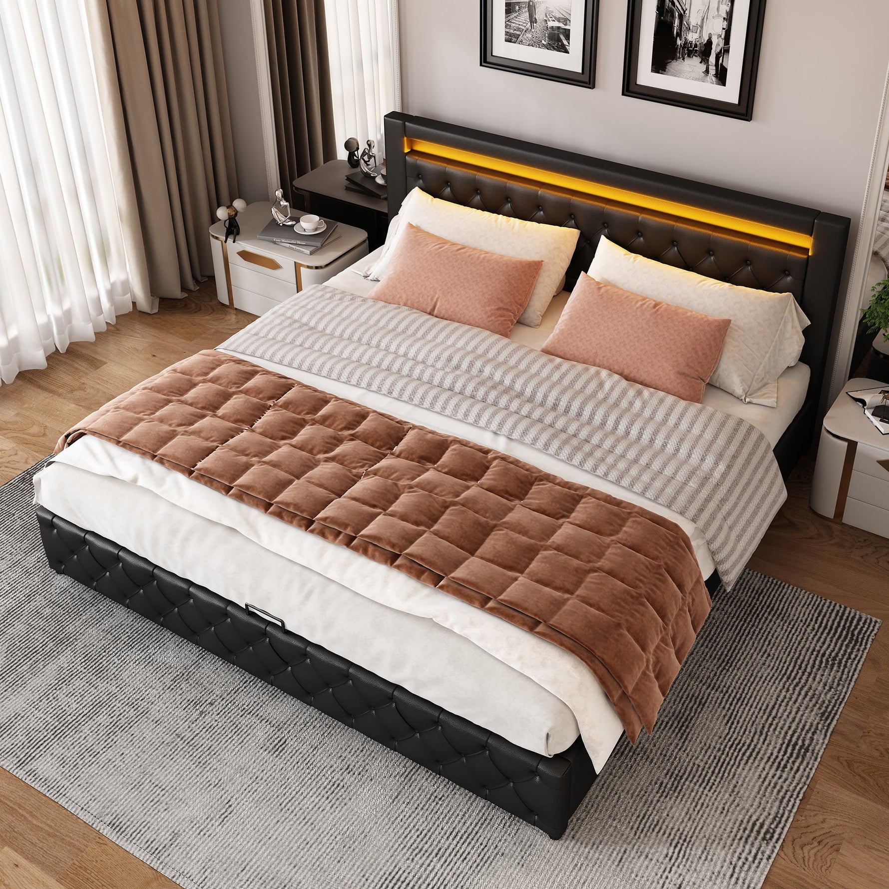 Upholstered Bed 140x200cm Storage LED Slatted Frame - Black PU