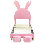 Upholstered Bed with Storage Stools, LED Lighting and Bunny Ears, Pink French Velvet