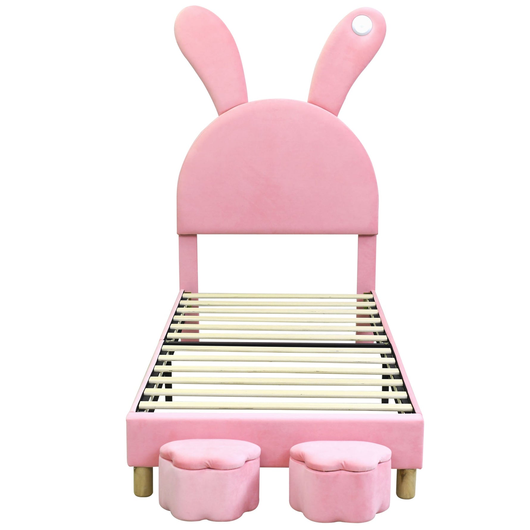 Upholstered Bed with Storage Stools, LED Lighting and Bunny Ears, Pink French Velvet