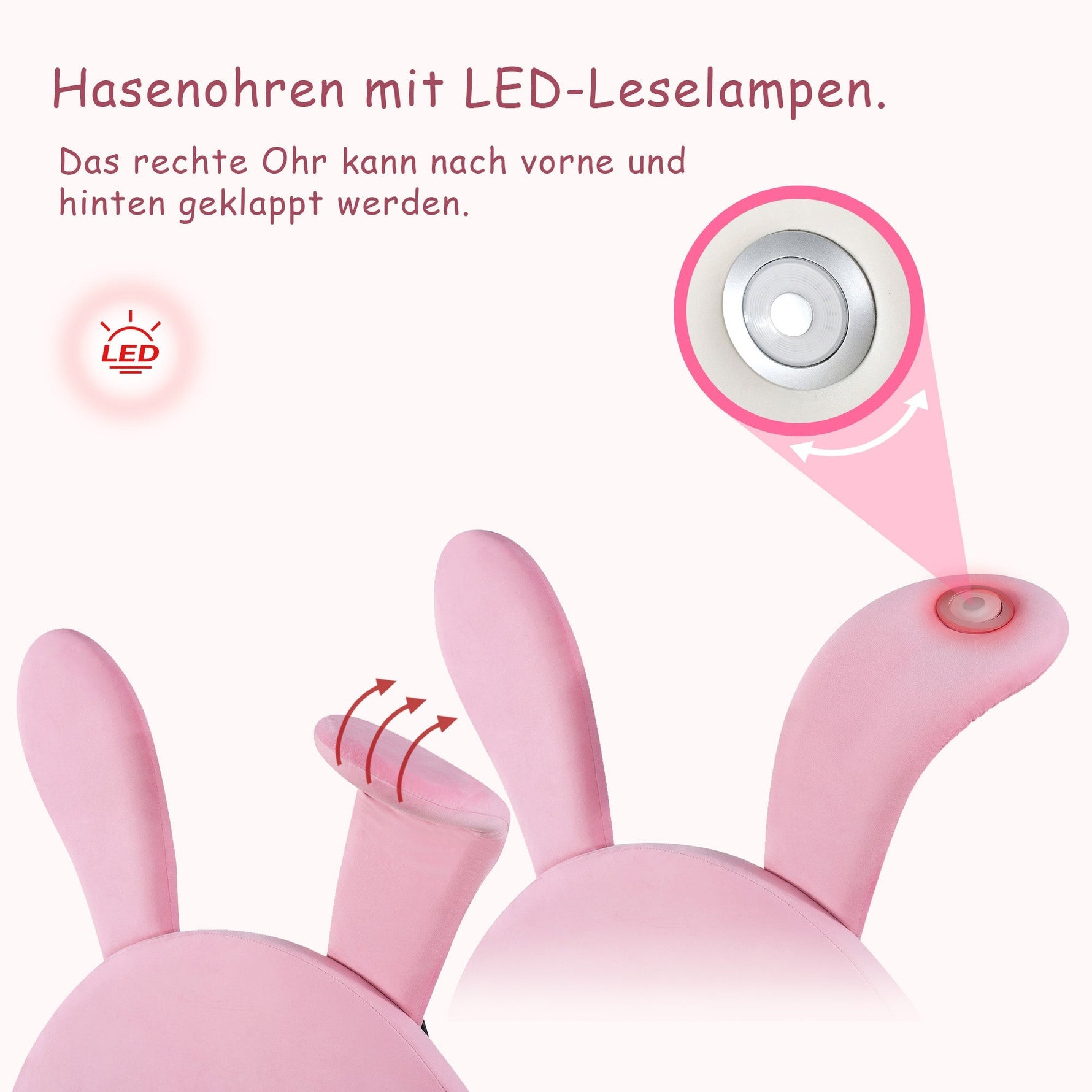 Upholstered Bed with Storage Stools, LED Lighting and Bunny Ears, Pink French Velvet