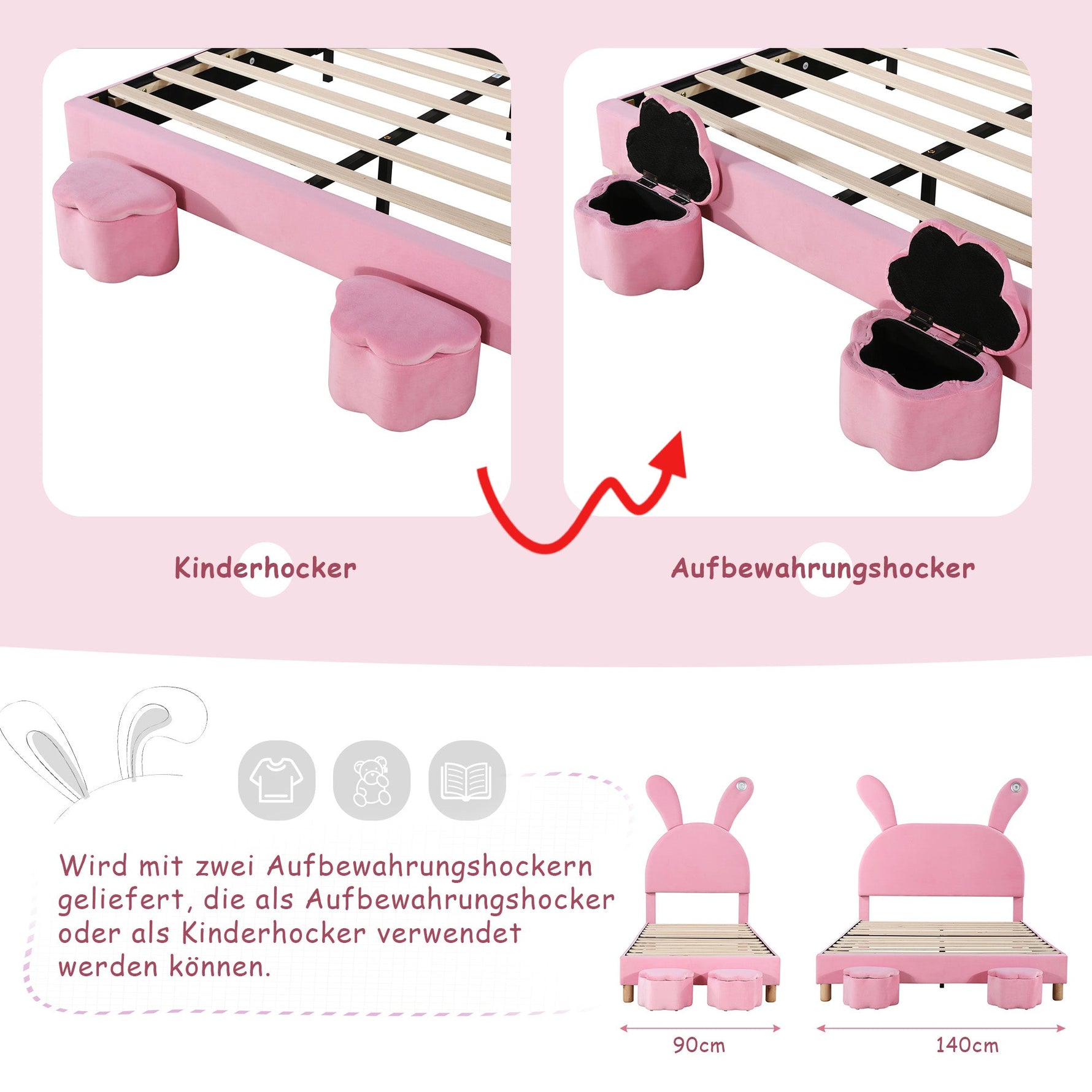 Upholstered Bed with Storage Stools, LED Lighting and Bunny Ears, Pink French Velvet