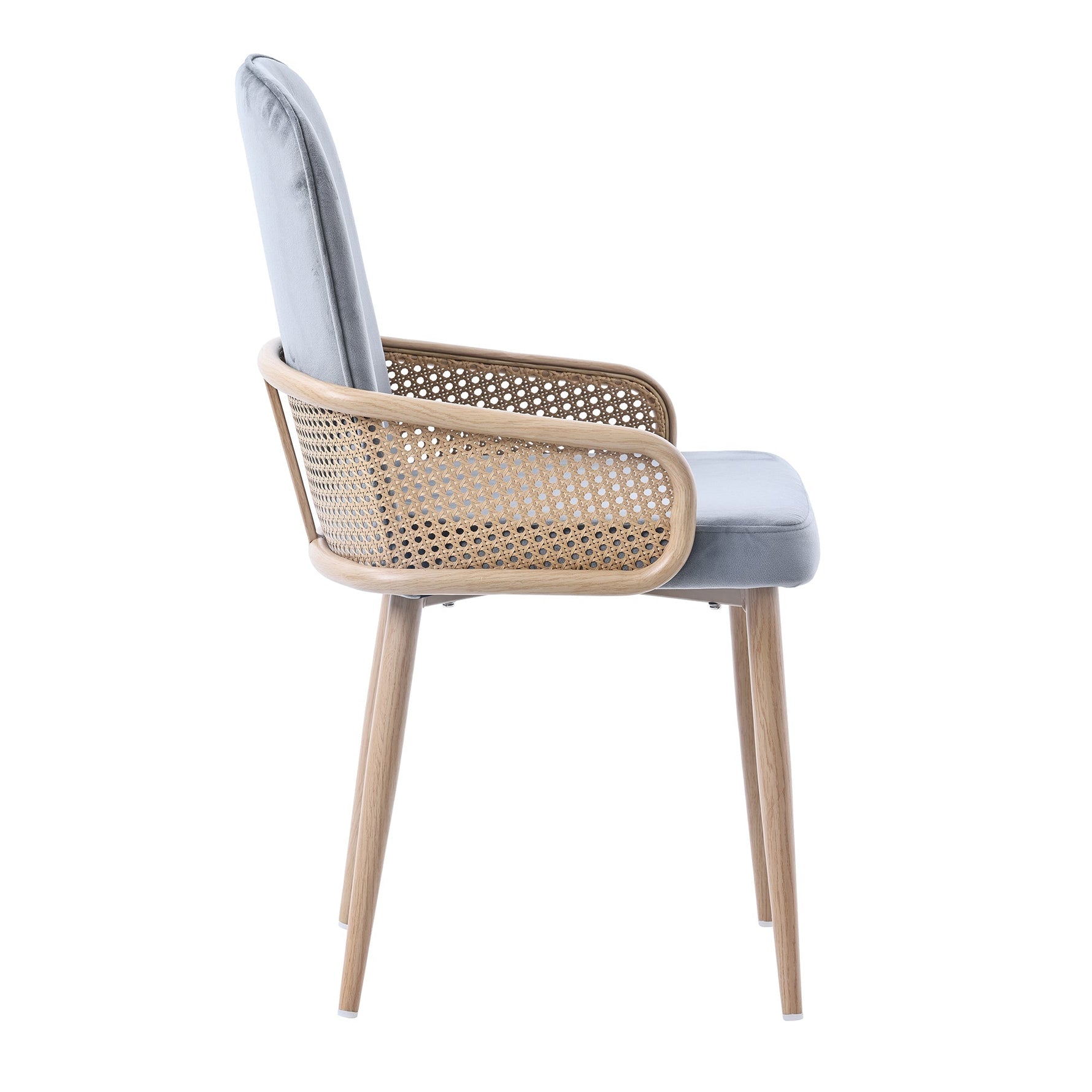 Velvet Dining Chair Set of 4, Rattan Design Metal Legs Wood Grain Effect, Grey