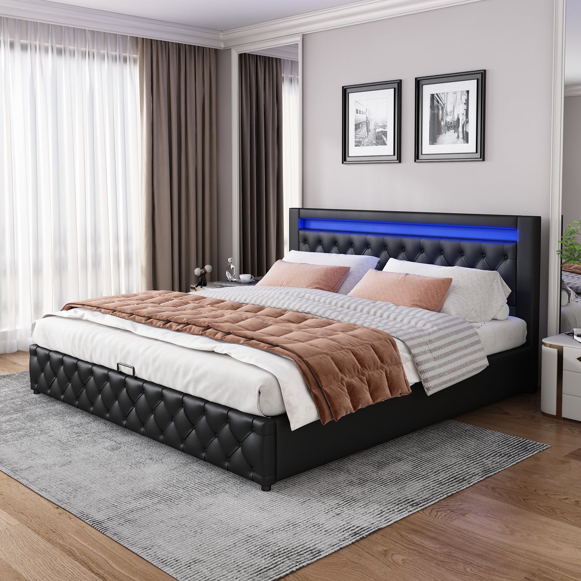 Upholstered Bed 140x200cm Storage LED Slatted Frame - Black PU