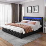 Upholstered Bed 140x190cm Hydraulic Storage Slatted Base LED Light Black PU