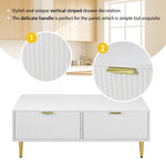 Modern White Coffee Table with 2 Drawers, Vertical Stripe Design, 100x50x40cm, Gold Accents
