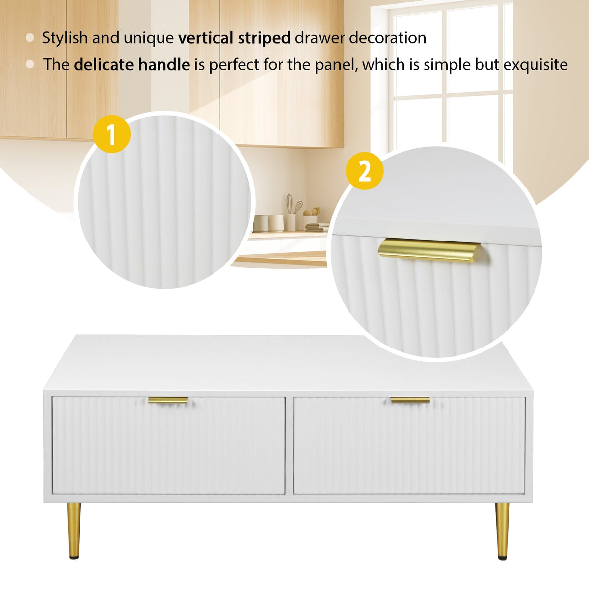 Modern White Coffee Table with 2 Drawers, Vertical Stripe Design, 100x50x40cm, Gold Accents