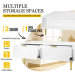 Modern White Coffee Table with 2 Drawers, Vertical Stripe Design, 100x50x40cm, Gold Accents