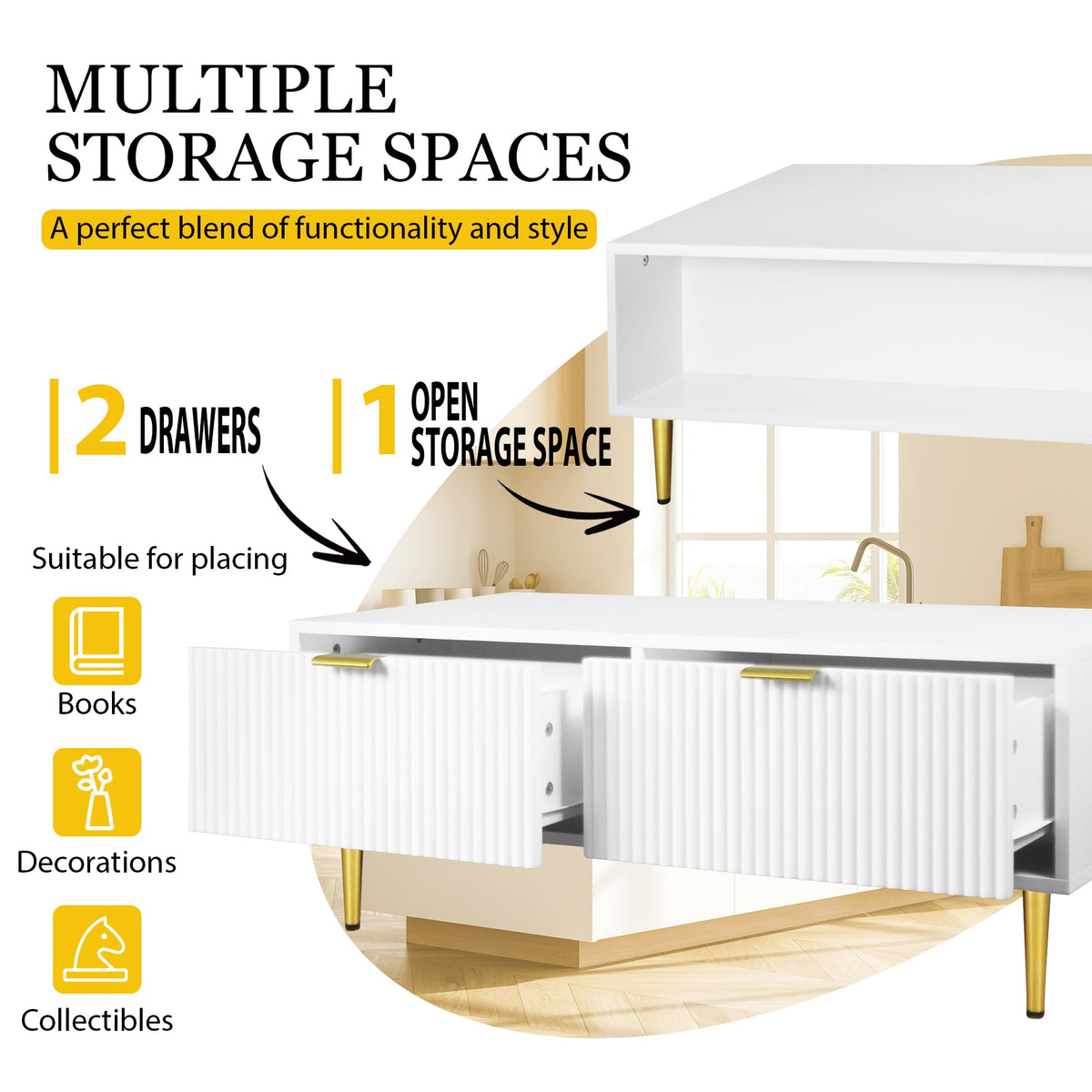 Modern White Coffee Table with 2 Drawers, Vertical Stripe Design, 100x50x40cm, Gold Accents