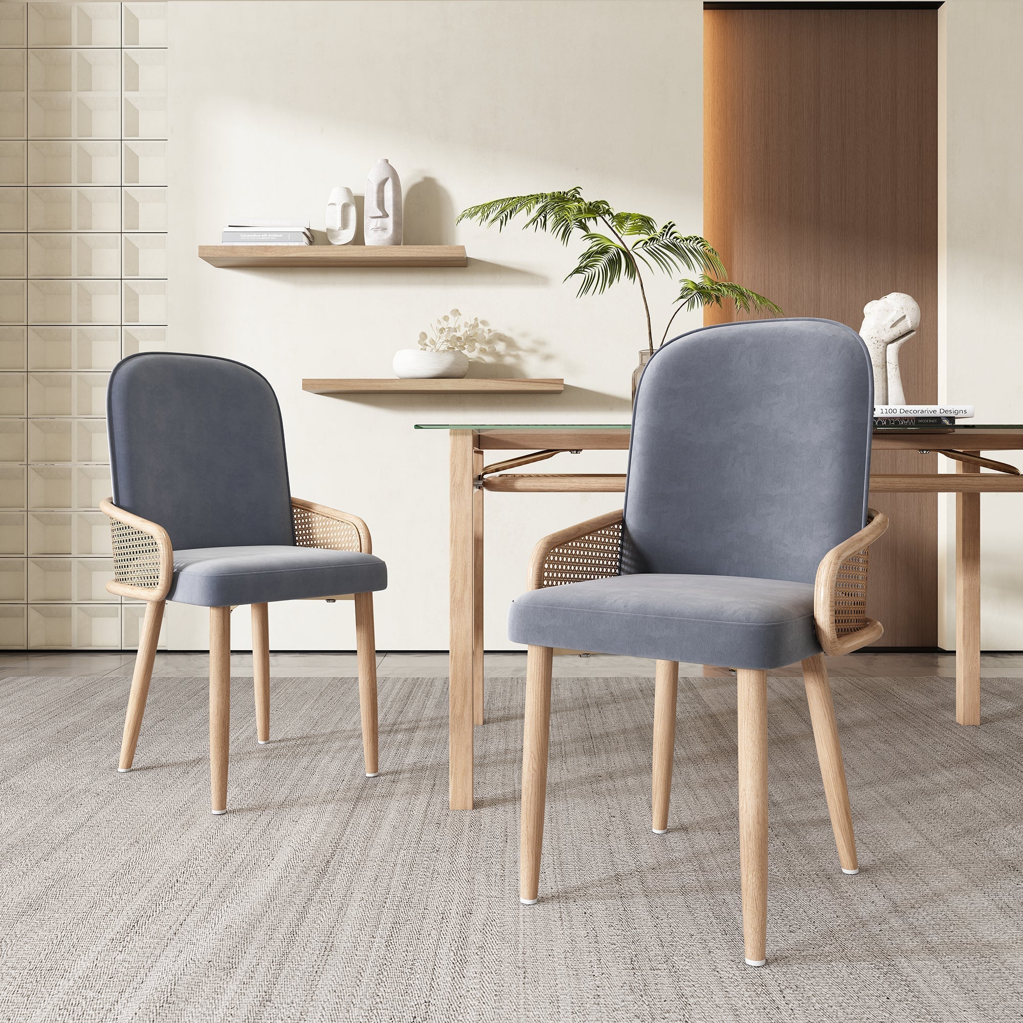 Velvet Dining Chair Set of 2 Rattan Design Metal Legs Grey