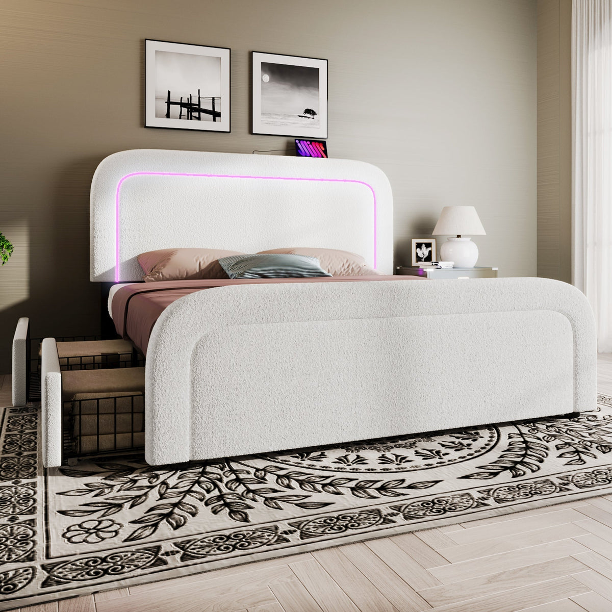 Bed Frame, USB-C Charging, LED, 4 Drawers, 140x200cm, Adjustable Headboard, Wooden Slats, Sherpa White