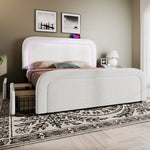 Upholstered Bed with USB Type C, LED Lighting and 4 Drawers, 160x200cm, Sherpa White with Mattress