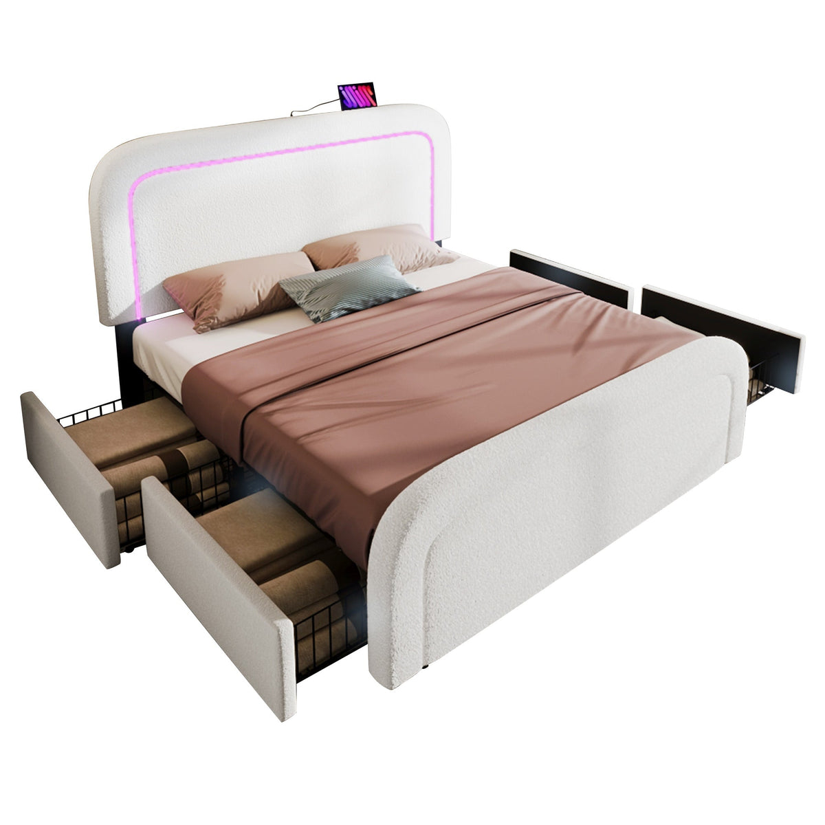 Upholstered Bed Frame with USB Type C, LED and 4 Drawers, 160x200cm, Sherpa White
