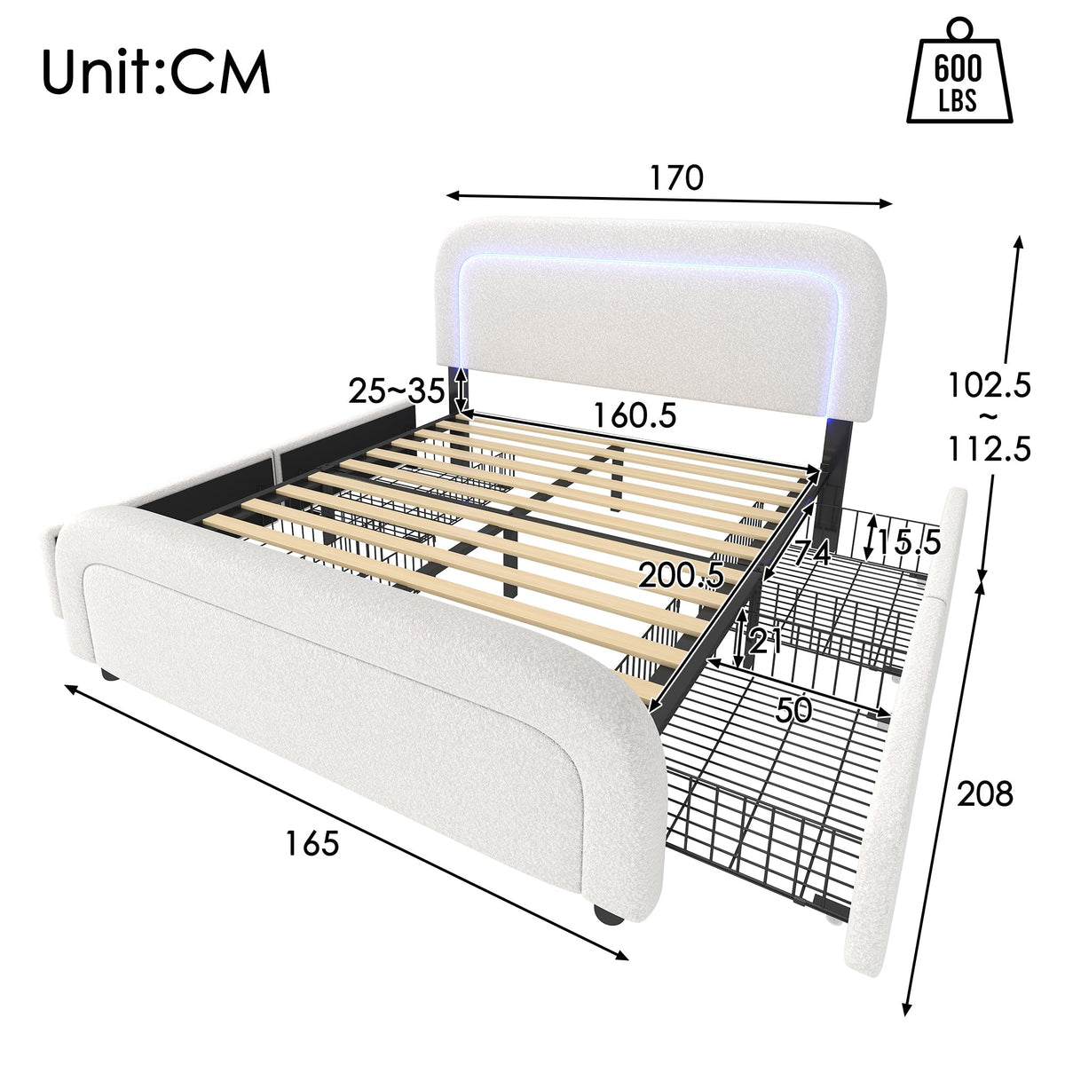 Upholstered Bed with USB Type C, LED Lighting and 4 Drawers, 160x200cm, Sherpa White with Mattress