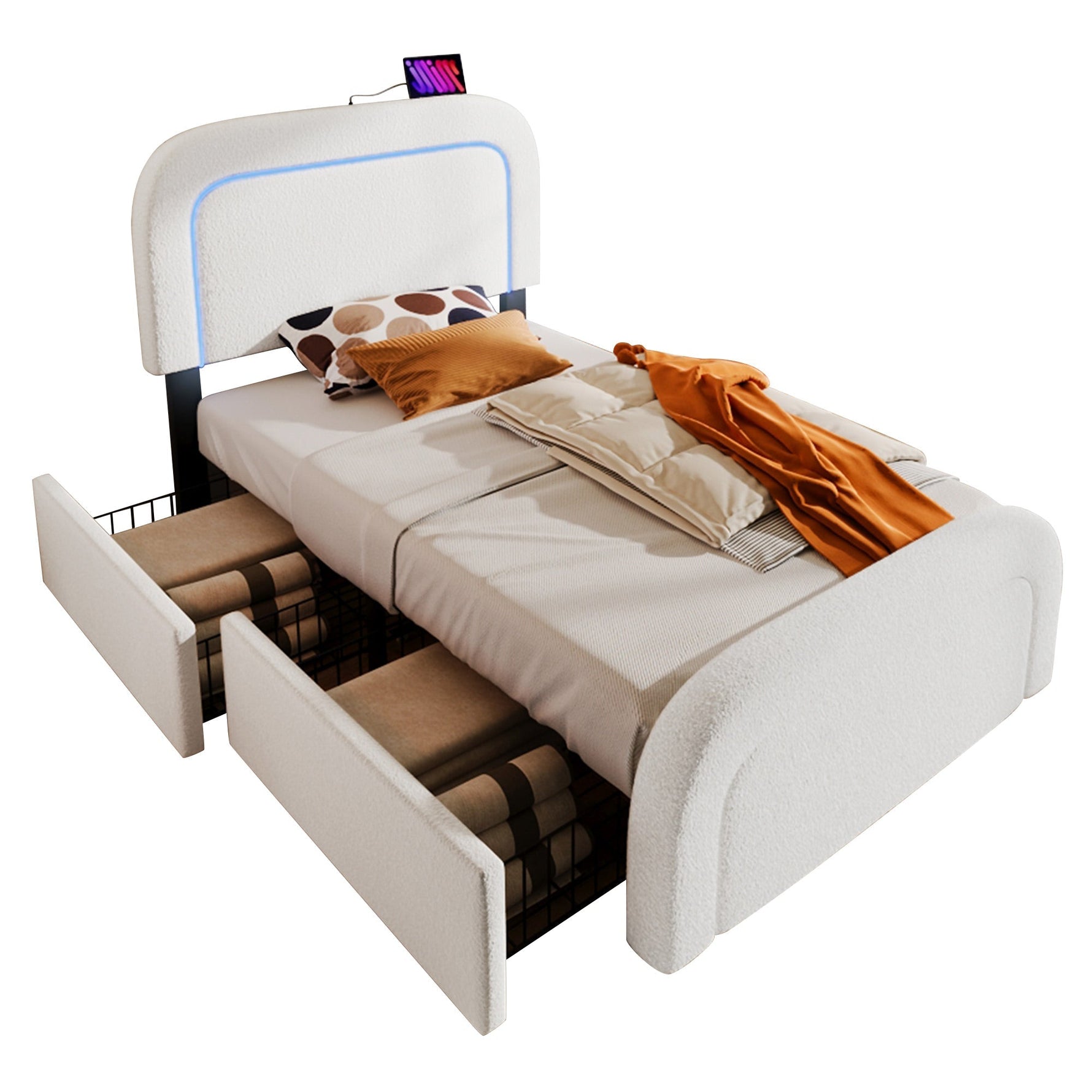 Bed Frame, USB-C LED Storage, Adjustable Headboard, Sherpa White