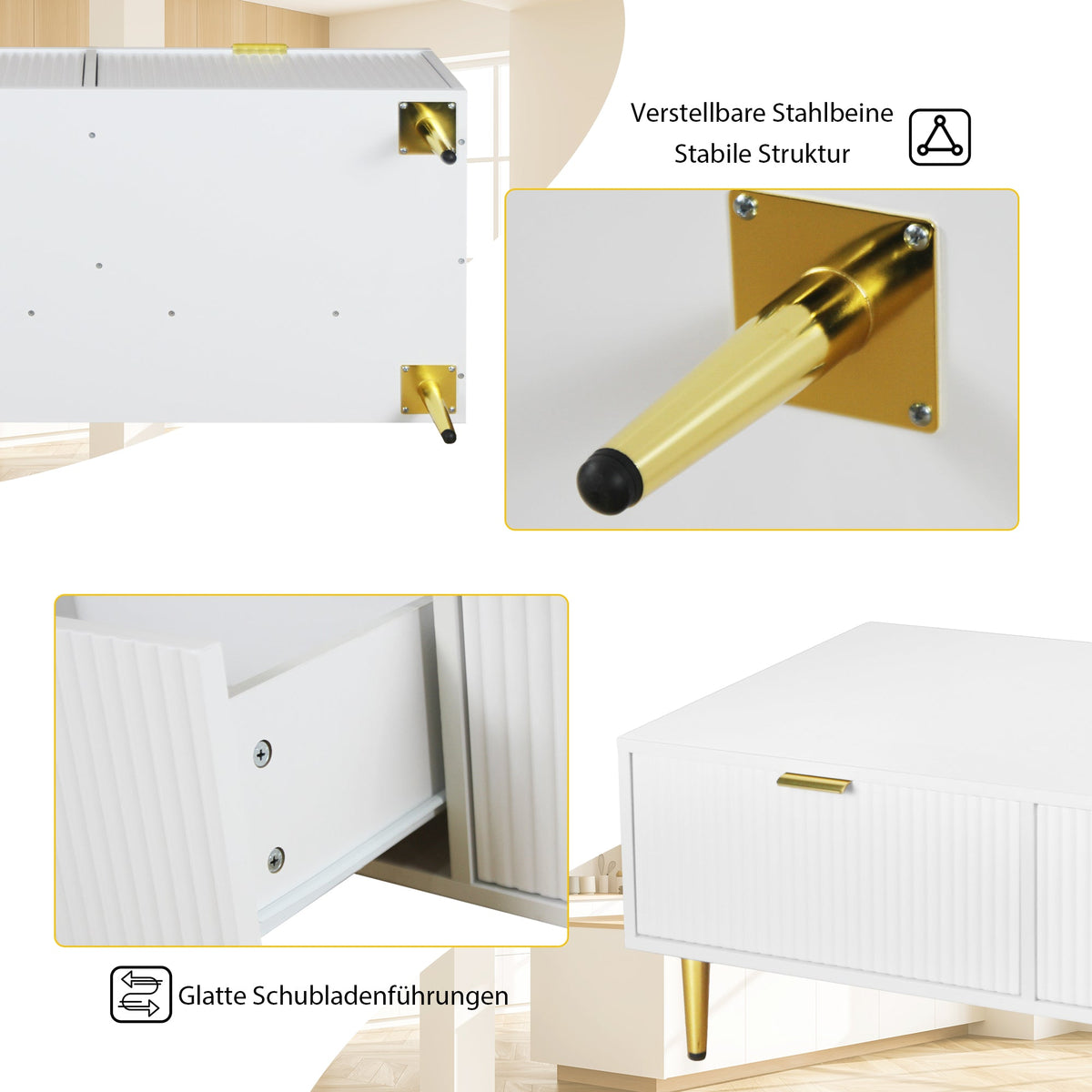 Modern White Coffee Table with 2 Drawers, Vertical Stripe Design, 100x50x40cm, Gold Accents