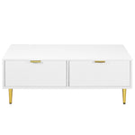 Modern White Coffee Table with 2 Drawers, Vertical Stripe Design, 100x50x40cm, Gold Accents