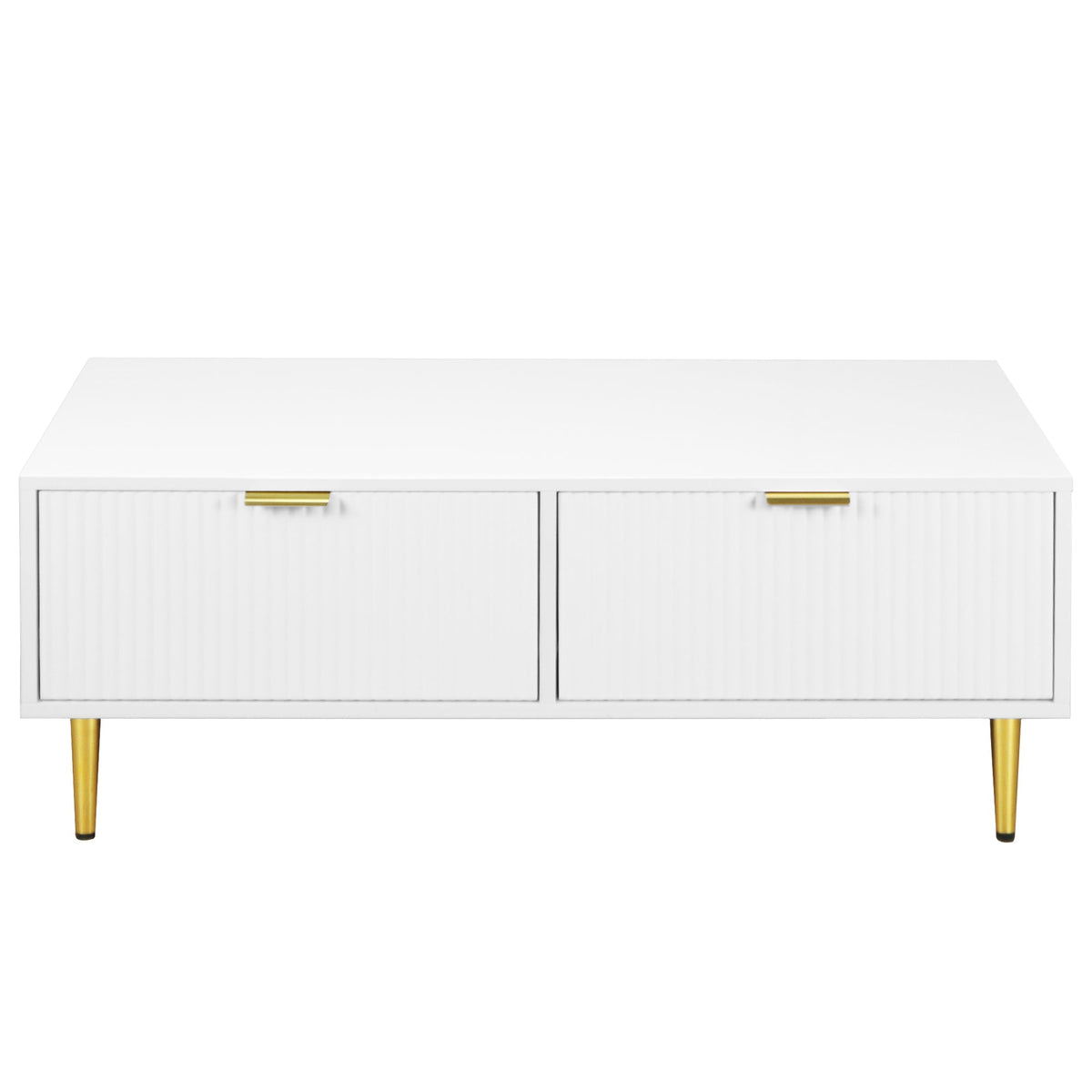 Modern White Coffee Table with 2 Drawers, Vertical Stripe Design, 100x50x40cm, Gold Accents