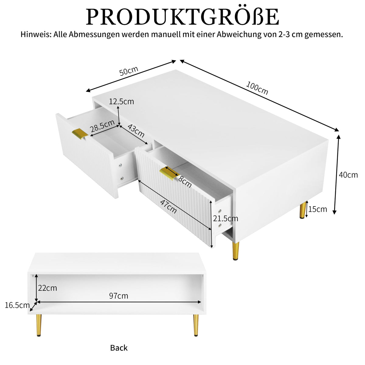 Modern White Coffee Table with 2 Drawers, Vertical Stripe Design, 100x50x40cm, Gold Accents