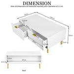 Modern White Coffee Table with 2 Drawers, Vertical Stripe Design, 100x50x40cm, Gold Accents