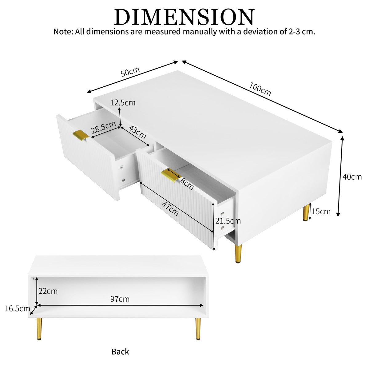 Modern White Coffee Table with 2 Drawers, Vertical Stripe Design, 100x50x40cm, Gold Accents