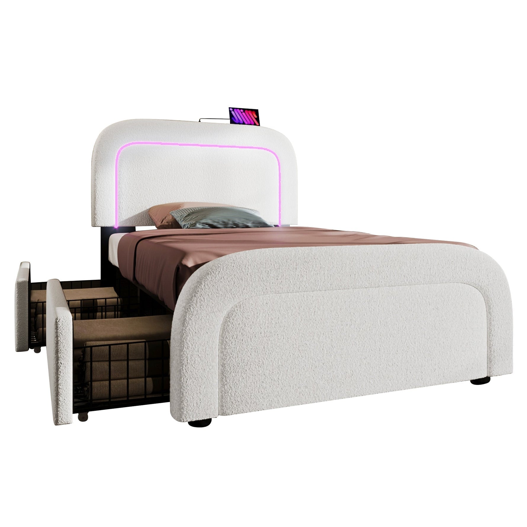 Bed Frame, USB-C LED Storage, Adjustable Headboard, Sherpa White