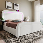 Upholstered Bed Frame with USB Type C, LED and 4 Drawers, 160x200cm, Sherpa White