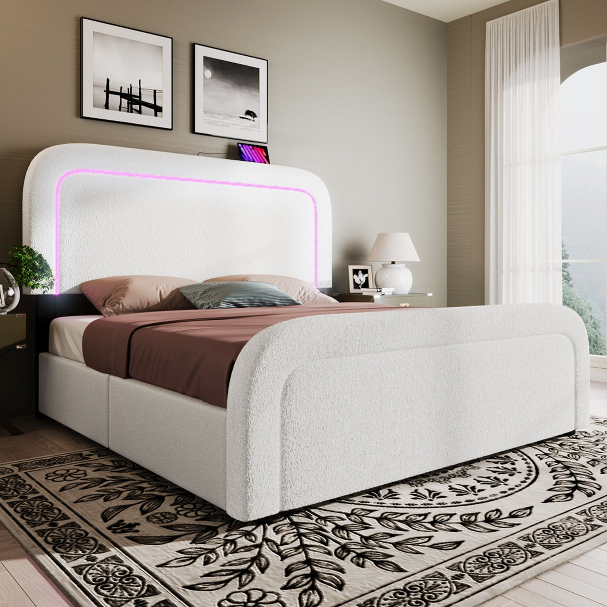 Upholstered Bed Frame with USB Type C, LED and 4 Drawers, 160x200cm, Sherpa White