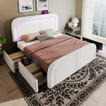 Upholstered Bed Frame with USB Type C, LED and 4 Drawers, 160x200cm, Sherpa White