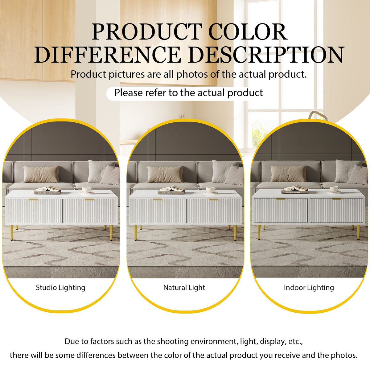 Modern White Coffee Table with 2 Drawers, Vertical Stripe Design, 100x50x40cm, Gold Accents