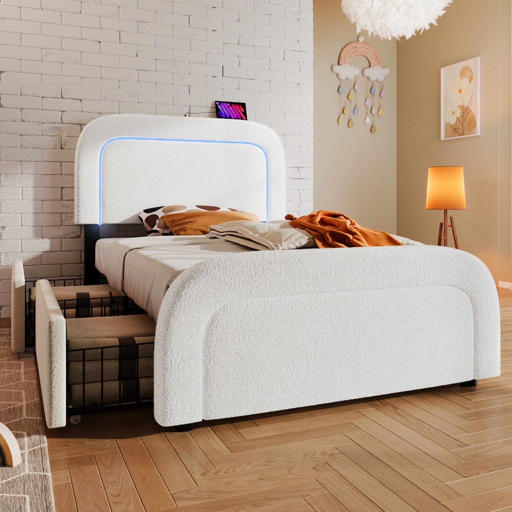 Bed Frame, USB-C LED Storage, Adjustable Headboard, Sherpa White