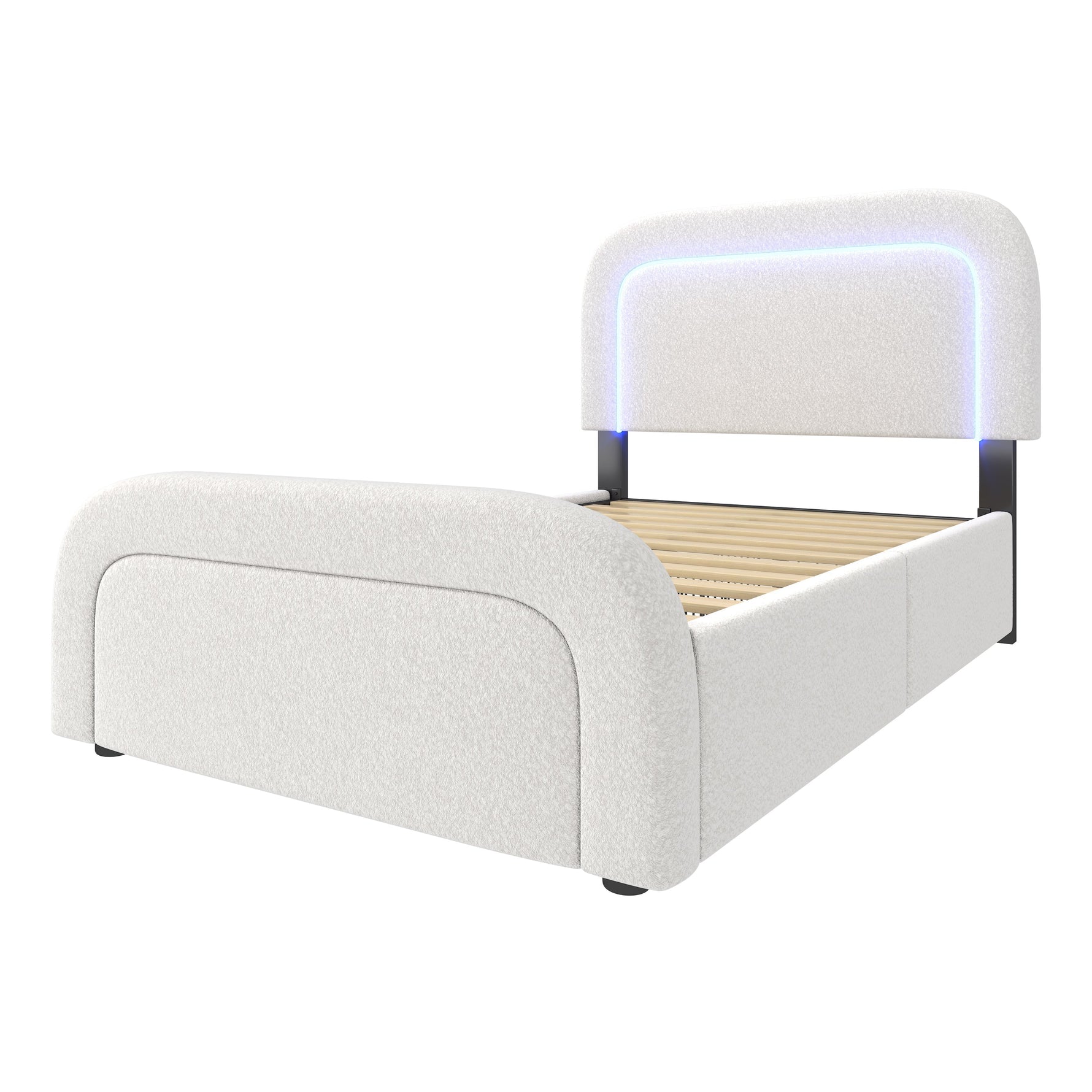 Bed Frame, USB-C LED Storage, Adjustable Headboard, Sherpa White