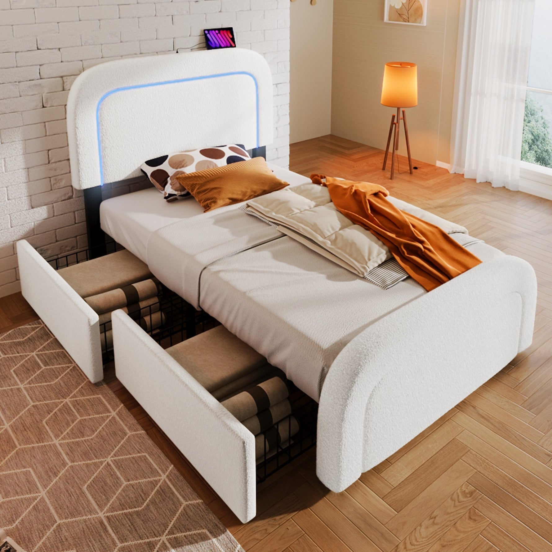 Bed Frame, USB-C LED Storage, Adjustable Headboard, Sherpa White