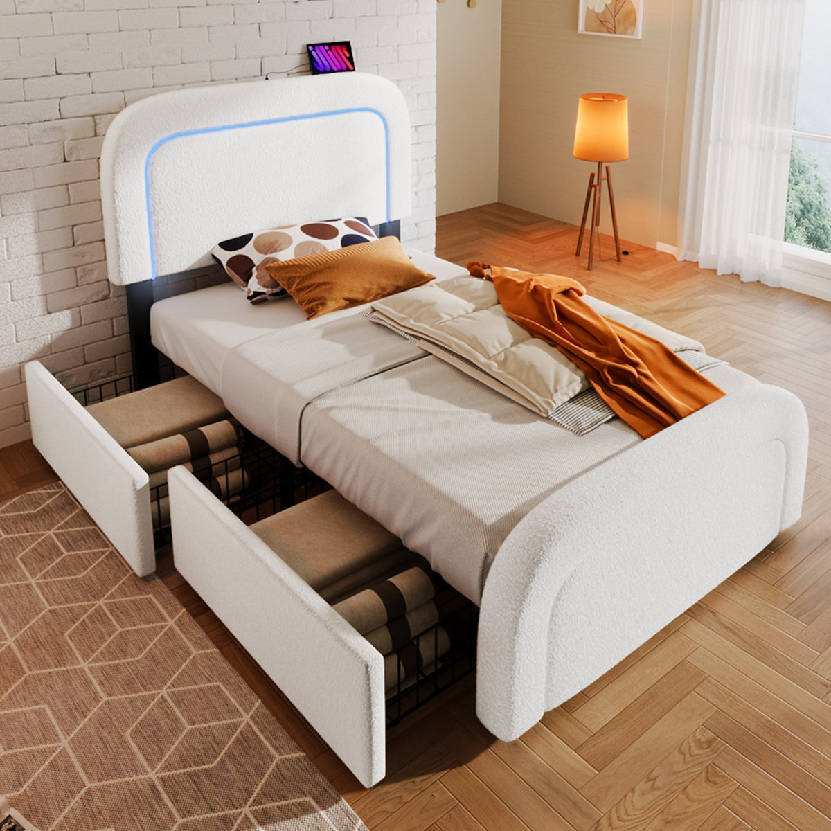 Bed Frame, USB Type-C, LED, 2-Drawer, Single, Upholstered, Sherpa White