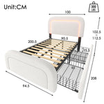 Bed Frame, USB-C LED Storage, Adjustable Headboard, Sherpa White