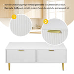 Modern White Coffee Table with 2 Drawers, Vertical Stripe Design, 100x50x40cm, Gold Accents