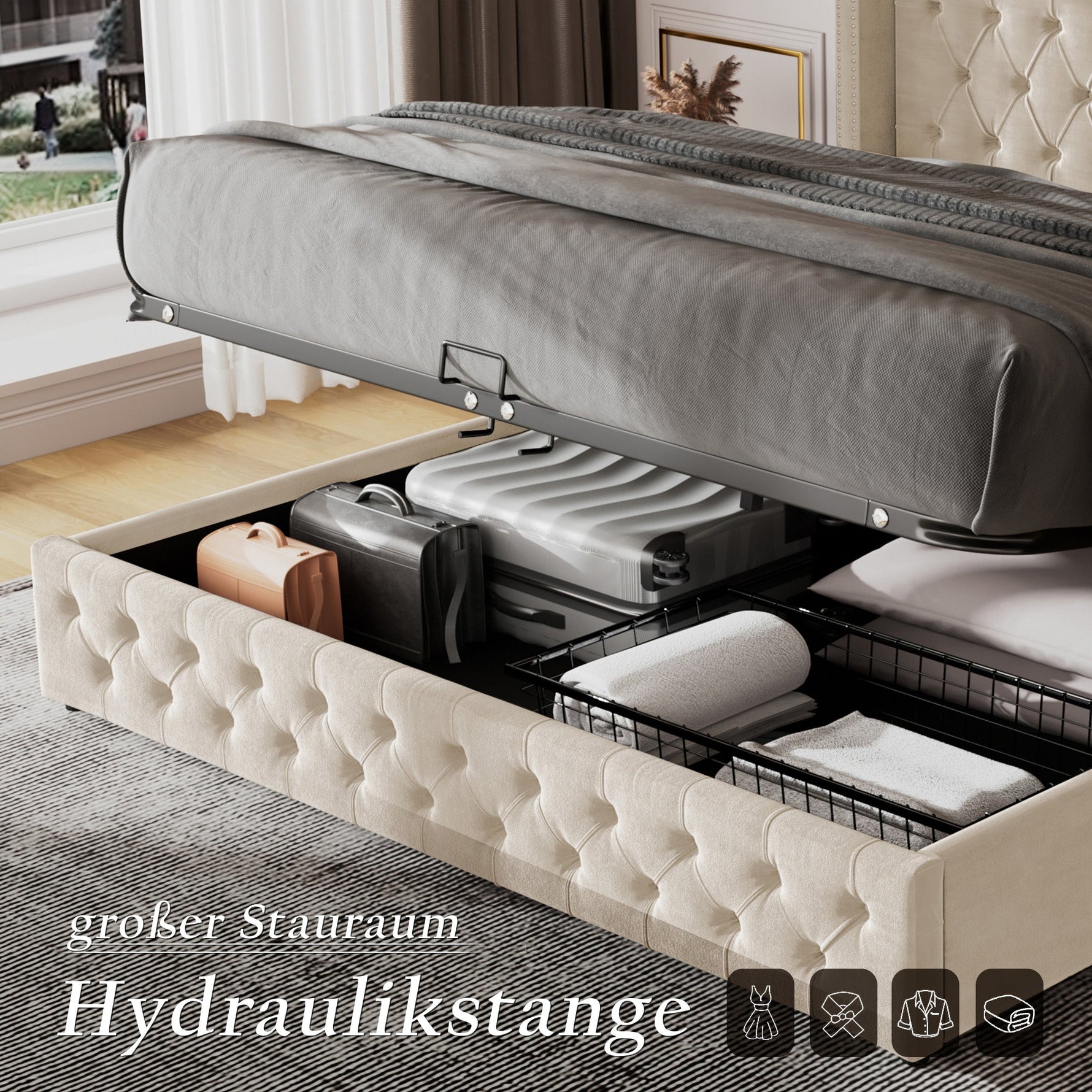 Upholstered Bed 160x200cm Hydraulic Storage Studs Ear Shape - Velvet Beige