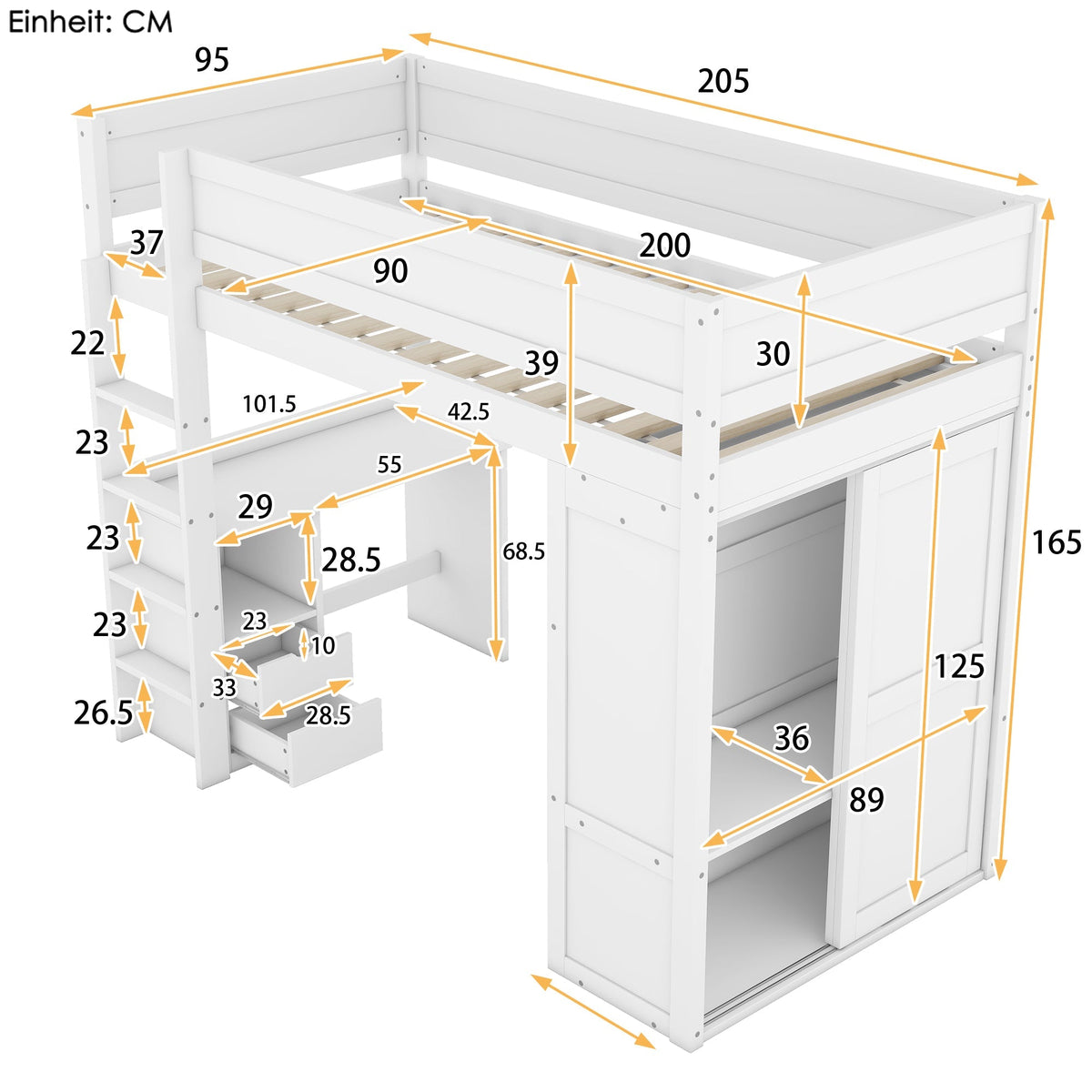 Loft Bed 90x200cm with Desk Wardrobe Drawers - White