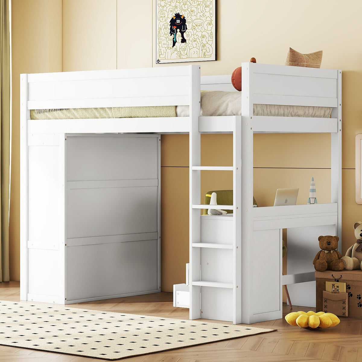 Loft Bed 90x200cm with Desk Wardrobe Drawers - White