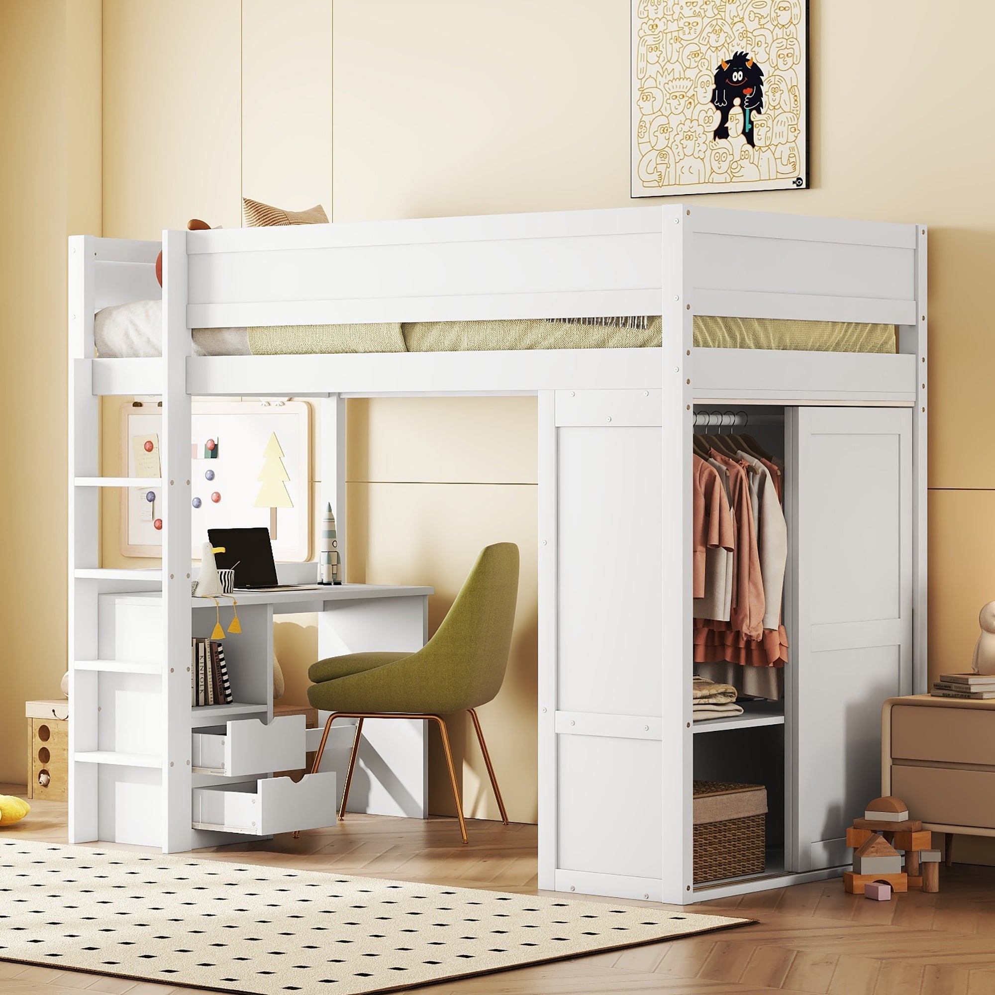 Loft Bed 90x200cm with Desk Wardrobe Drawers - White