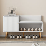 modern luxurious shoe chest with storage, upholstered bench, backrest, metal handles and legs, white