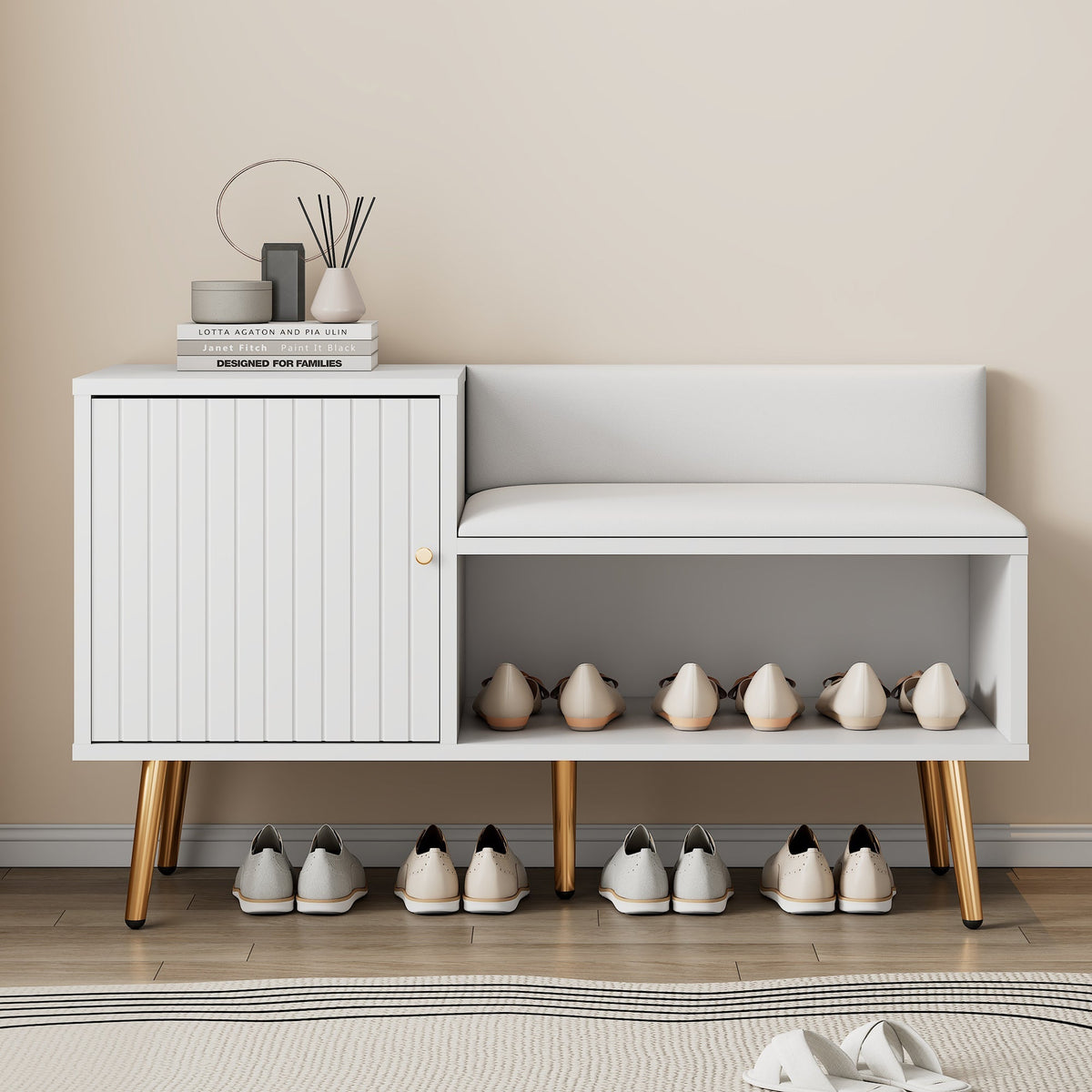modern luxurious shoe chest with storage, upholstered bench, backrest, metal handles and legs, white