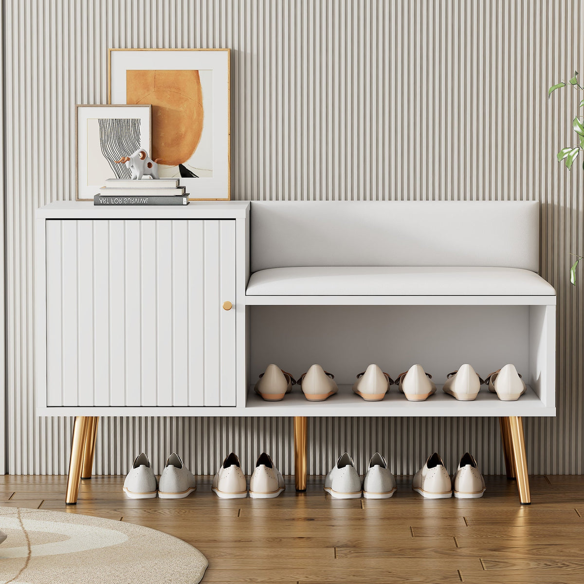 modern luxurious shoe chest with storage, upholstered bench, backrest, metal handles and legs, white