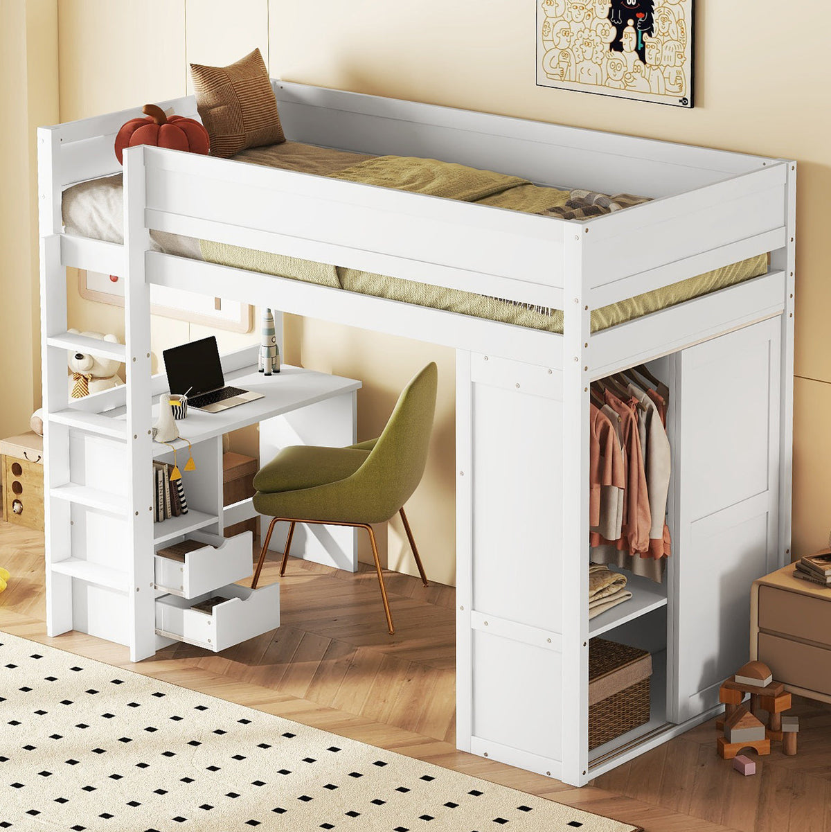Loft Bed 90x200cm with Desk Wardrobe Drawers - White