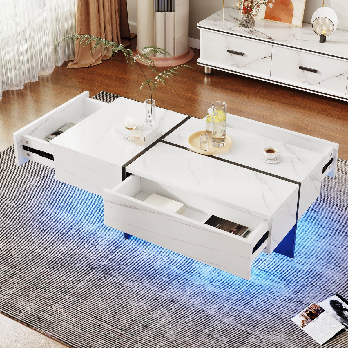 High-Gloss Coffee Table, 100x50x34.5cm, White Marble & Black Top