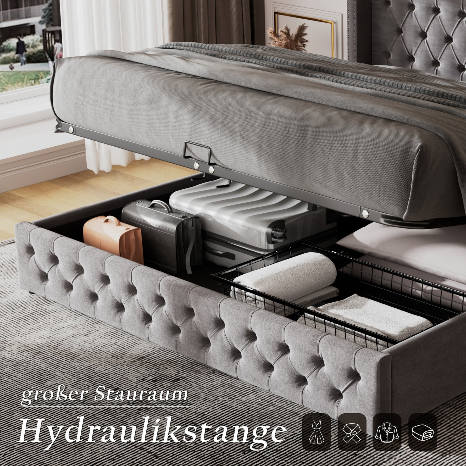 Upholstered Bed 180x200cm Double Hydraulic Lift Storage Ear-Shape Velvet Grey