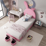 Upholstered Bed with Storage Stools, LED Lighting and Bunny Ears, Pink French Velvet