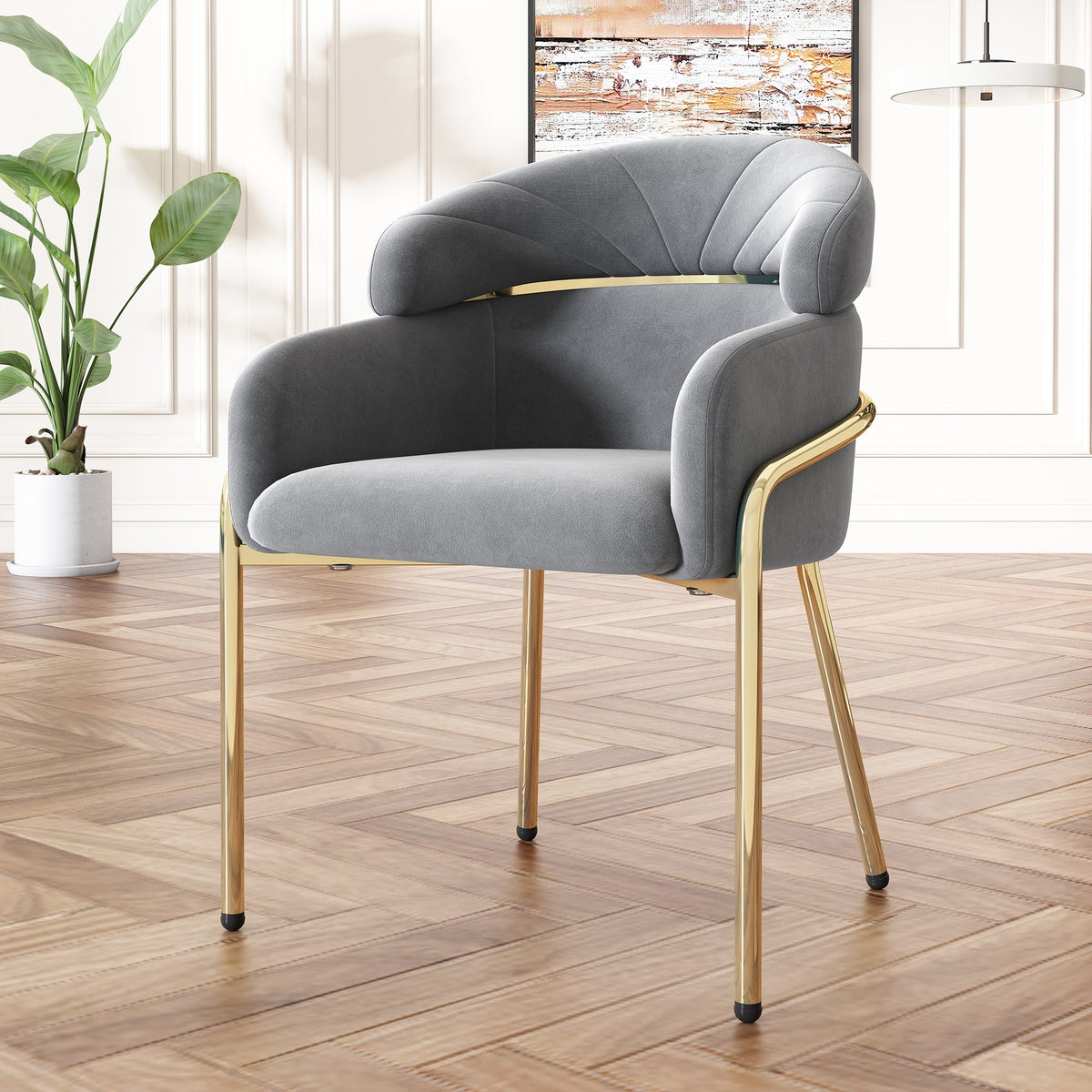 Dining Chair Set of 4, Leisure Chair with Metal Legs, Grey Velvet