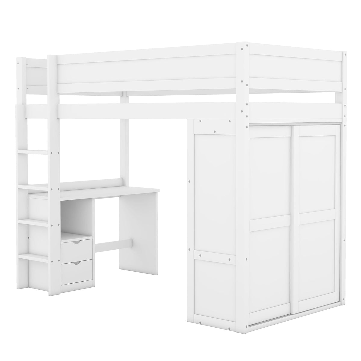 Loft Bed 90x200cm with Desk Wardrobe Drawers - White