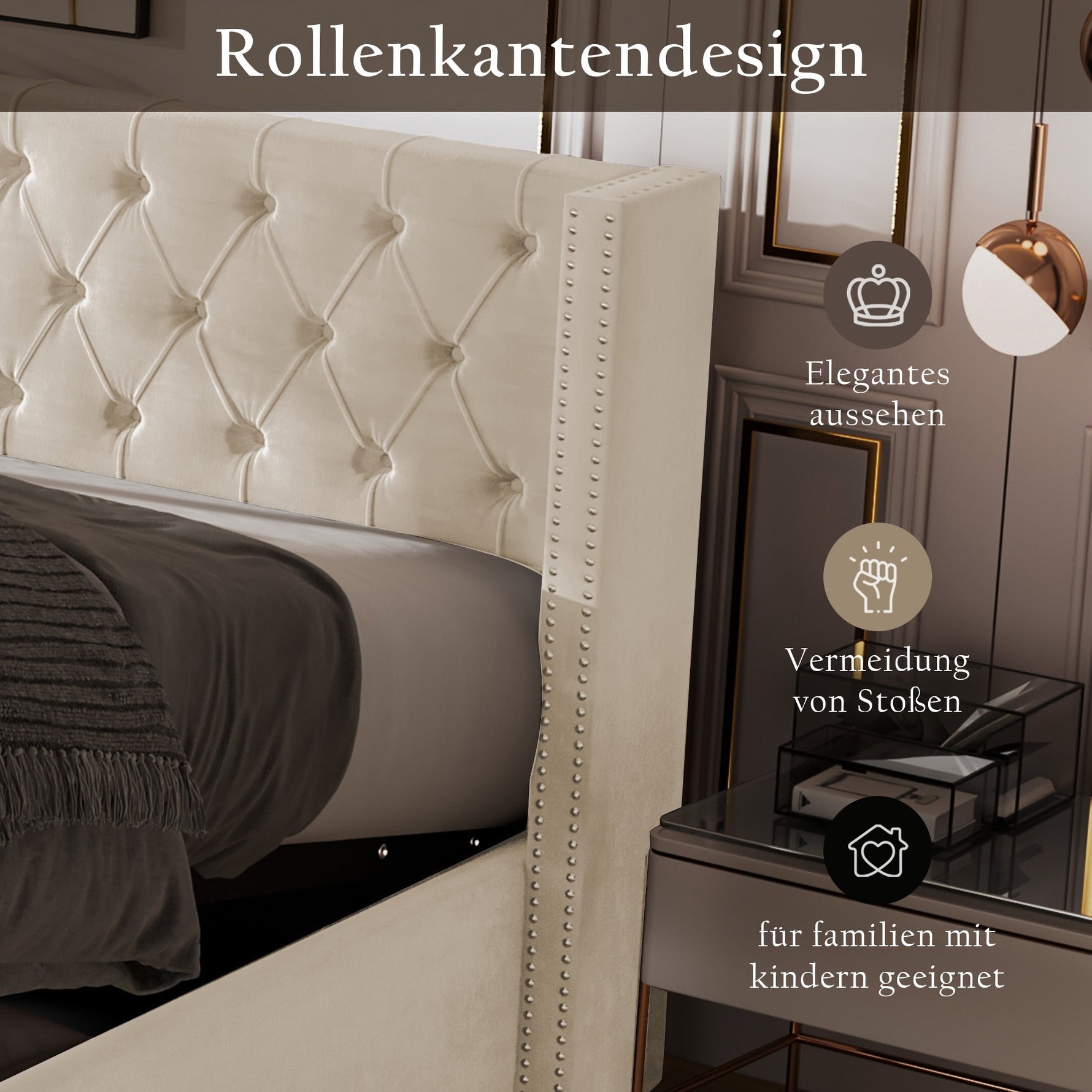 Upholstered Bed 160x200cm Hydraulic Storage Studs Ear Shape - Velvet Beige